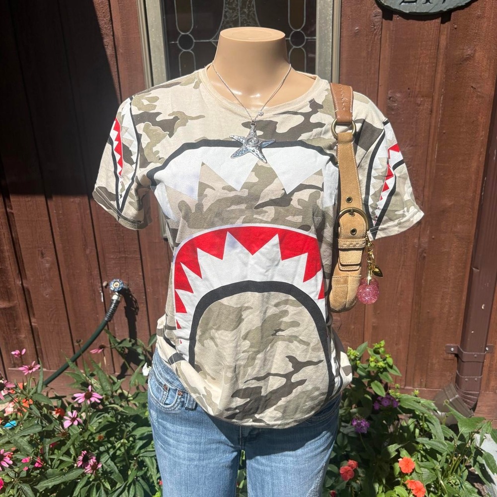 Fresh Laundry bape style camo shark graphic streetwear t shirt